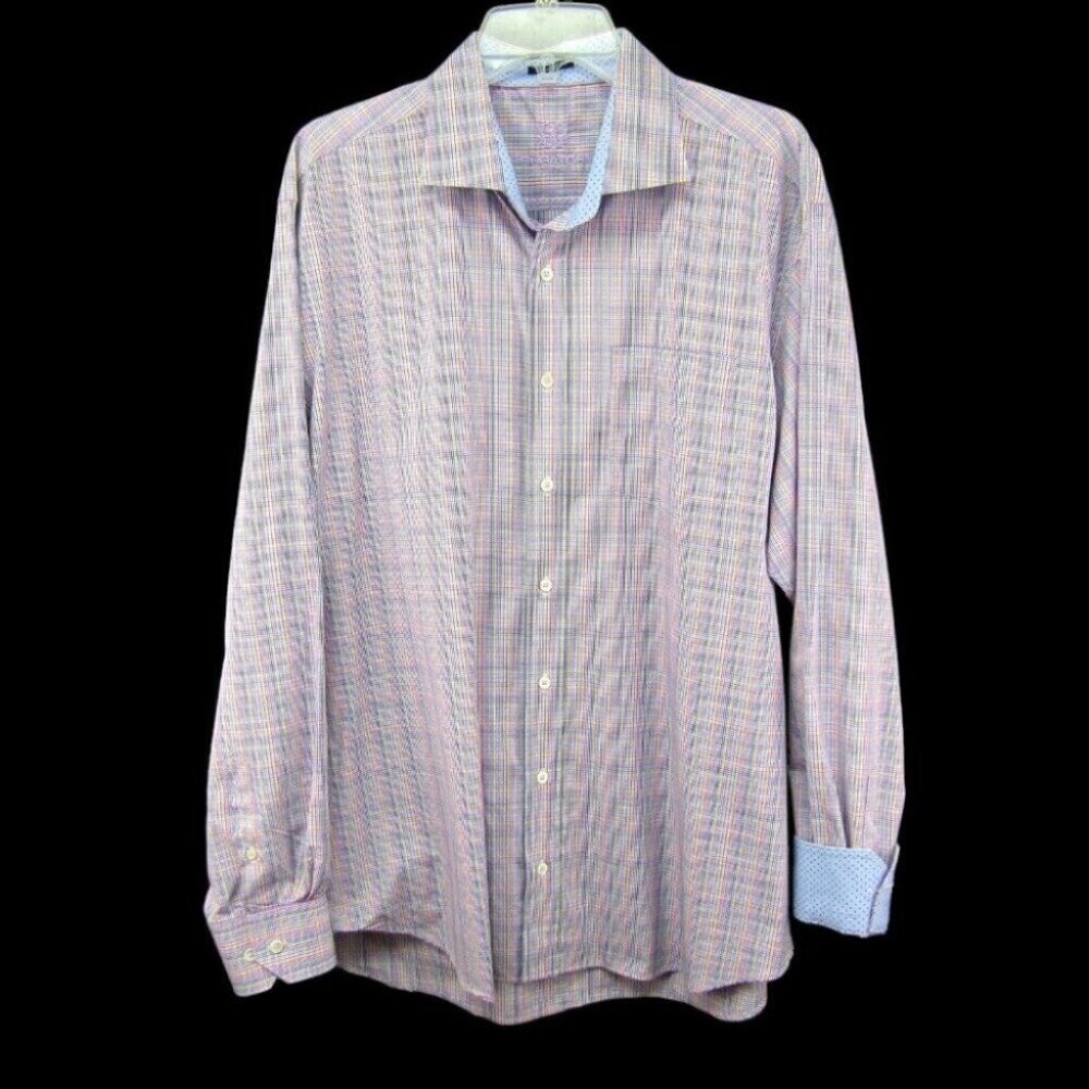 Bugatchi Uomo Rainbow Plaid Button Up Shirt Size XL Classic Fit Polka Dot Cuff